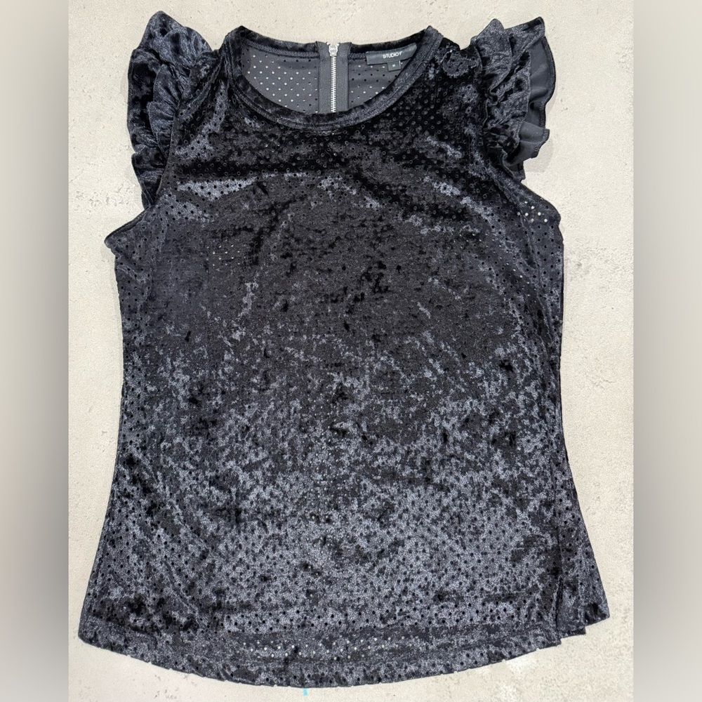 Chic Black Velvet Ruffle Sleeve Blouse